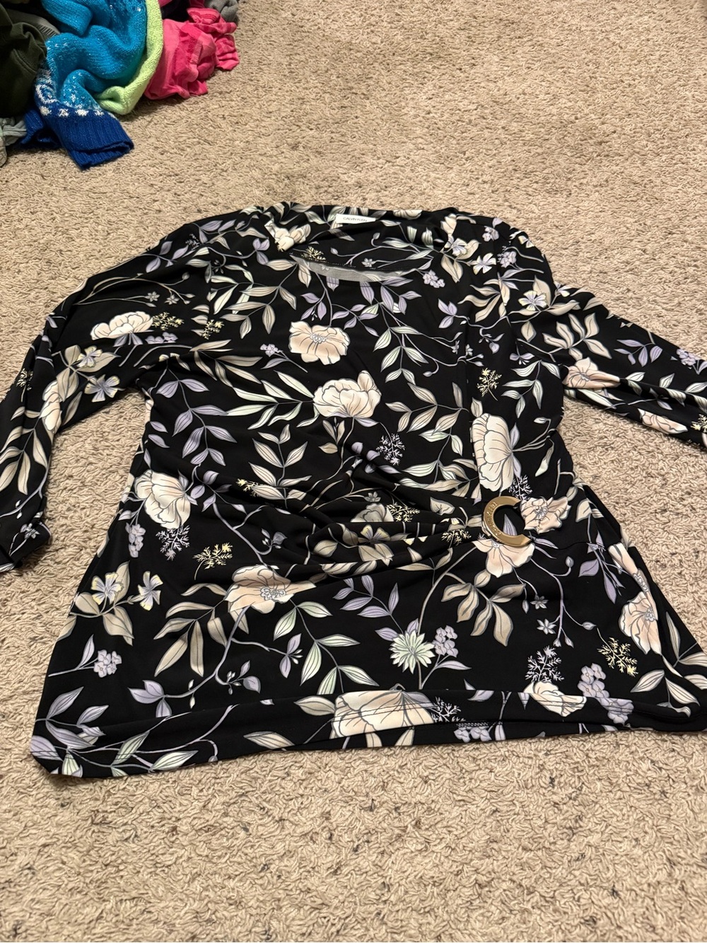Calvin Klein Black Floral Wrap Top with Gold Ring